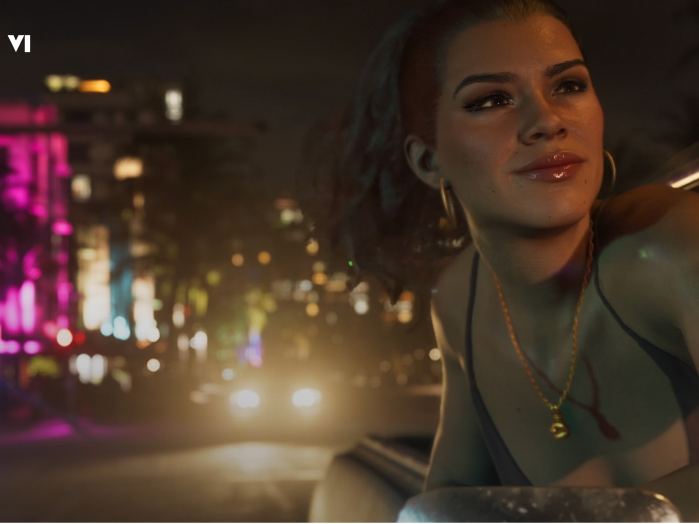 Lucia leaning from a car at night in neon-lit Vice City
