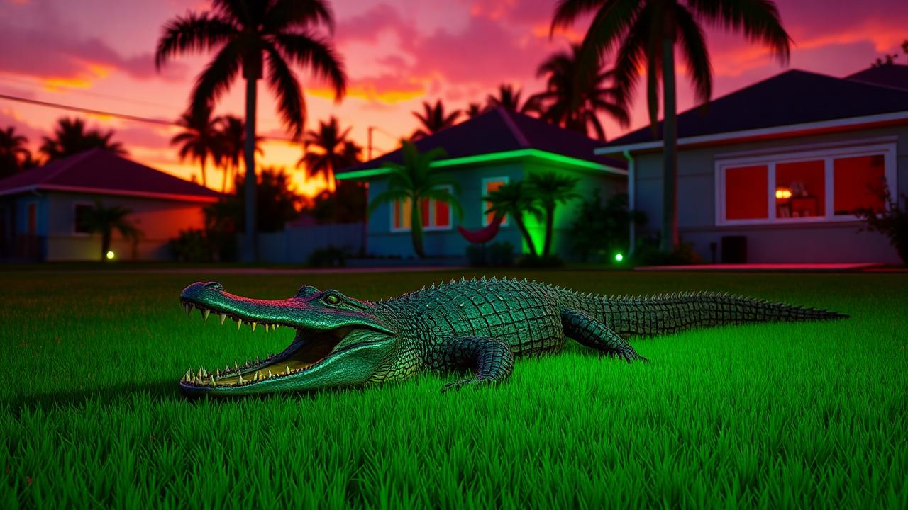 Alligator on a suburban lawn